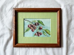 Wooden Framed Original Watercolor Painting Cherry Cottagecore Kitchen Art