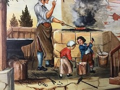 Antique Folk Art Oil/Wood Panel Blacksmith With Town in Background