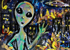 Original ACEO Painting ALIEN Spaceship Stars Fire War City Universe UFO ATC ART