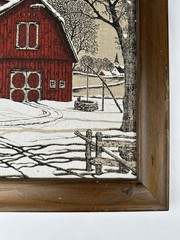 Vintage Winter Red Barn Rustic Farmhouse Country Burlap Painting Framed 16×16