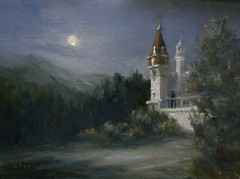 Night Visitor at Peles Castle Romania 6×8 original oil painting by Celene Farris