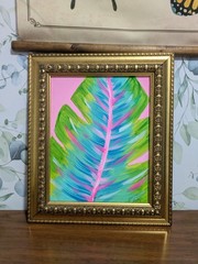 Vintage 11 X 13 Ornate Framed Original Bright Tropical Banana Leaf Painting