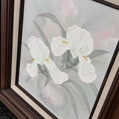 Vintage Floral Oil Painting MCM Framed Canvas Art Signed White Iris Textured