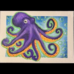 ACEO Original Acrylic 2.5×3.5 Purple+ Orange Octopus Surrounded By Green Bubbles
