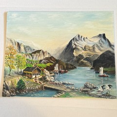 Vintage 1970 Hand Painted Landscape, Mountains And Lake In China, Signed B. Wild