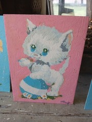3 Vtg PBN Picture Painting Cat Kitten Flowers Ball Butterfly Unframed 8” x 6”