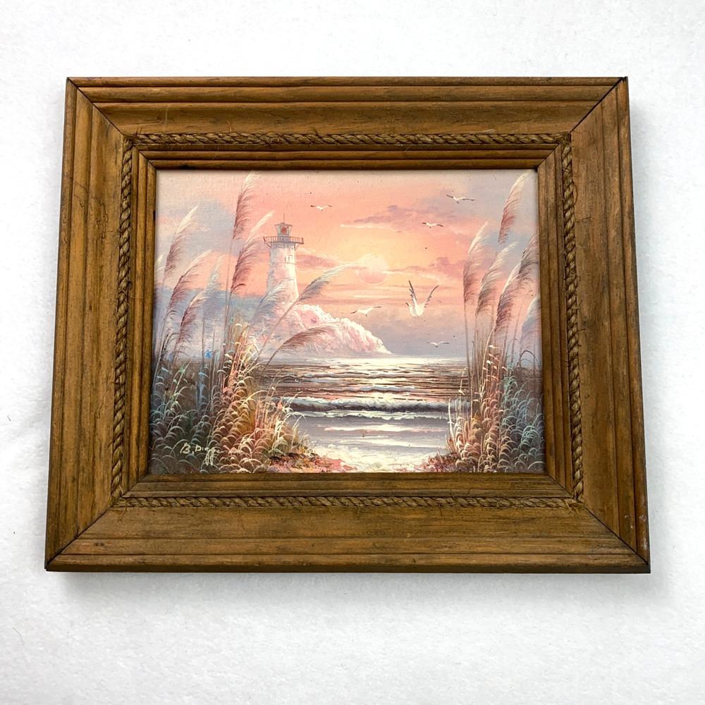 VTG Original Oil Painting On Board Sea Landscape Lighthouse Nautical Signed