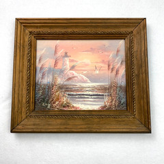 VTG Original Oil Painting On Board Sea Landscape Lighthouse Nautical Signed