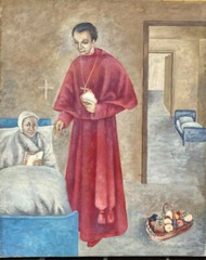 ::OIL PAINTING 1940 CLERGYMAN AT HOSPITAL BED HOSPITAL MONASTERY NUN WITH FRUIT BASKET