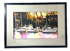 Original “Sacto Yacht Club” Oil Pastel Signed Chambers Framed Marina Harbor Art