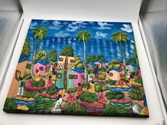 Original L.Y. Alaby Haitian Folk Art Painting 18”x20” Market Village Signed