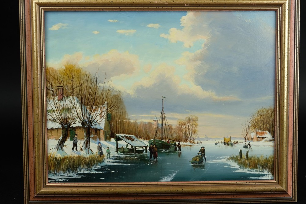 vintage oil on panel, dutch landscape ice skating people on river 20thC unsigned
