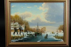 vintage oil on panel, dutch landscape ice skating people on river 20thC unsigned