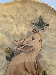 Vintage Signed Hand Painted Pig And Butterfly On Slice Of Agate Stone 1985