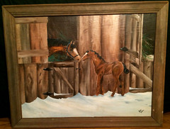 Signed Oil Painting Horse in Barn Mother & Baby 37″