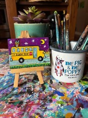 ACEO original painting school bus yellow bus owl night Amy Sullivan OOAK acrylic