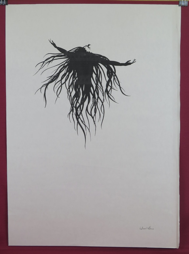 Signed Large Drawing Cristina Bullio Female Portrait Black Hair c5 50×70 cm