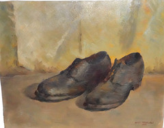 WILLIAM MENELAWS „IN REPOSE“ ORIGINAL OIL BOARD PAIR OF OLD SHOES PAINTING 1962