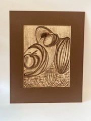Mid Century Abstract Still Life Charcoal Drawing Cubist Style Fruit