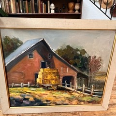 Oil Painting Barn House White Fence Hay Bales on Wagon 27.5 x 23.5″ M. Siemon