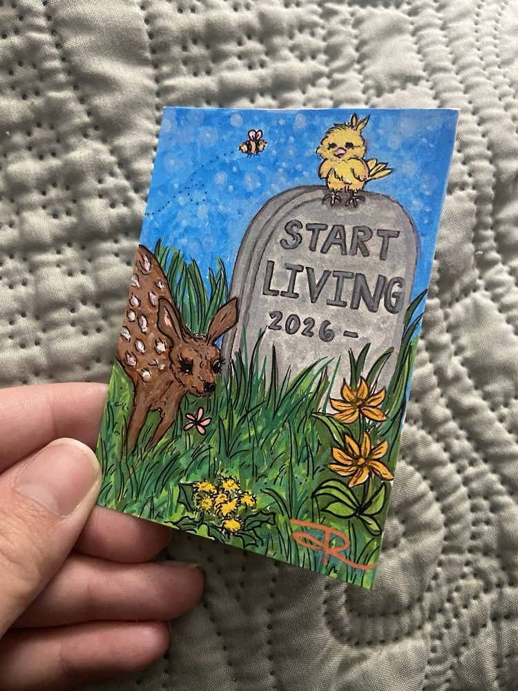 ACEO- Original Mini Painting-Start Living- Cute Wildlife Around Headstone/Grave