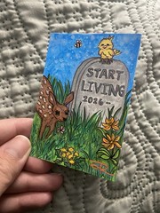 ACEO- Original Mini Painting-Start Living- Cute Wildlife Around Headstone/Grave