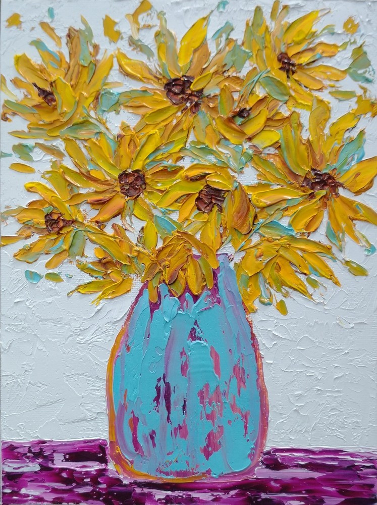 Original 6″x8″ Oil Painting Textured sunflower bouquet flower IMPASTO