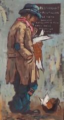 MCM SCHOOL OF PARIS Man Holding Newspaper Standing by a Restaurant Menu oil