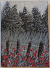 Original ACEO Acrylic Painting in Black & White with Red Poppies 2.5×3.5 Signed