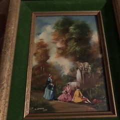 Vintage Pictures Wooden Frame Green Border, ￼￼Mid Century Setting Oil Painting.
