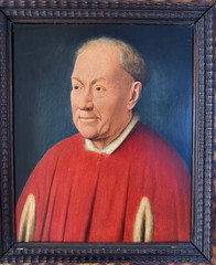 Antique 19thC Oil Painting on Wood After Jan Van Eyck Cardinal Portrait Framed