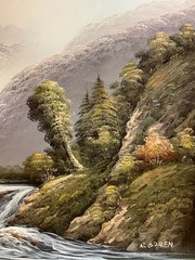 Oil Painting running waterfalls in mountains,small cabin,mountains forest 24×36”