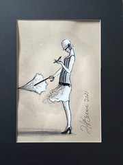 ‚Windy Day‘ Matted Nostalgic original watercolor/ ink Woman & Bird Illustration
