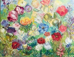 Mid Century Modern Original Floral Flower Garden Oil Painting Signed Meisels
