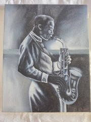 🎷Vintage Acrylic Painting M. Harold Textured Saxophone Jazz 20×16🖤