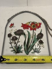 Flowers on glass lead Frame – 5 1/2x 8 Vintage-Red/Brown/Green
