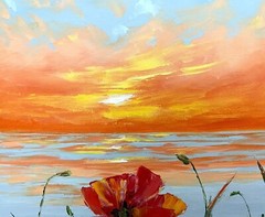 Poppy Field Oil Painting Original Ocean Sunset Wild Flowers Meadow Wall Art