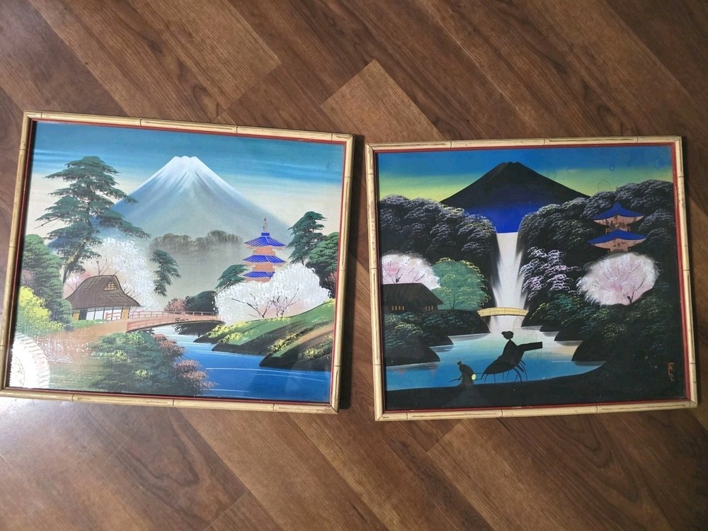 2 Vintage Chinese Waterfall Mountain Paintings on Silk Glass Bamboo Wood Frames