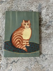 Vintage Signed E.B. Beaney (NY) Original Folk Art Painting Cat on Blanket 12 x 8