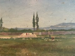 French Italian School Oil Painting on Wood Old Art 19th Century Landscape