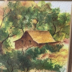 Vtg Framed Original Signed Watercolor Autumn Landscape w/ Trees & Barn
