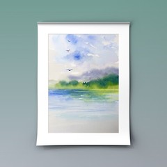 Original Watercolour Painting, Lake Landscape with Mountains, Wall Art Gift Idea