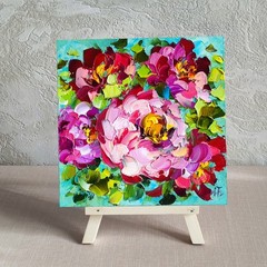 original oil painting Rose Peony Pink Red Flowers Impasto Floral art 6*6 inch