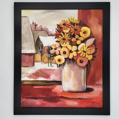Vintage MCM Floral Oil Painting 20×24 Framed Still Life Flowers Winter Landscape
