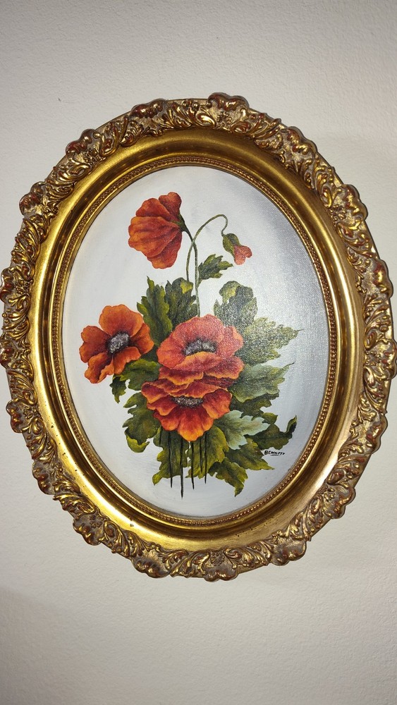 A Pair Of vintage original oil paintings of red poppies framed