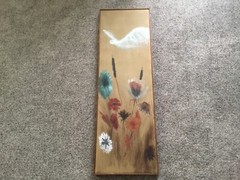 Vtg Original Painting MID CENTURY canvas 38 x12x 1.25 flowers bird cat tails