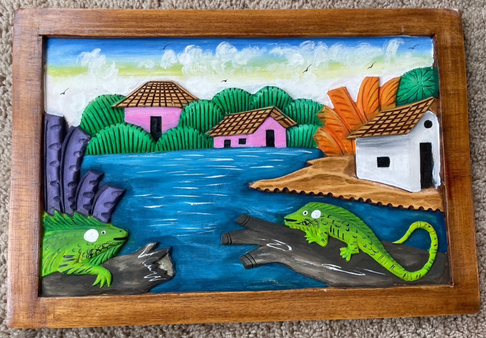 Guyana South America 3-D Painting Picture Carved Wood Framed Iguanas Signed *SEE