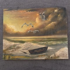 Vntg Original 1970’s Seascape Oil Painting Seagulls Birds Boat Beach 16” X 20”