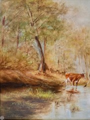 Antique Original Impressionist Landscape Watercolor „Cattle at the Water’s Edge“