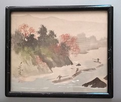 VINTAGE ORIENTAL PAINTING ON SILK in Original Frame under glass, 8″x6.5″